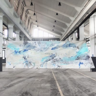“Pacífico”Mix media on vintage sailing cloth (veil)180x 900 cm. Installation at La semana profesional del Arte , Oviedo